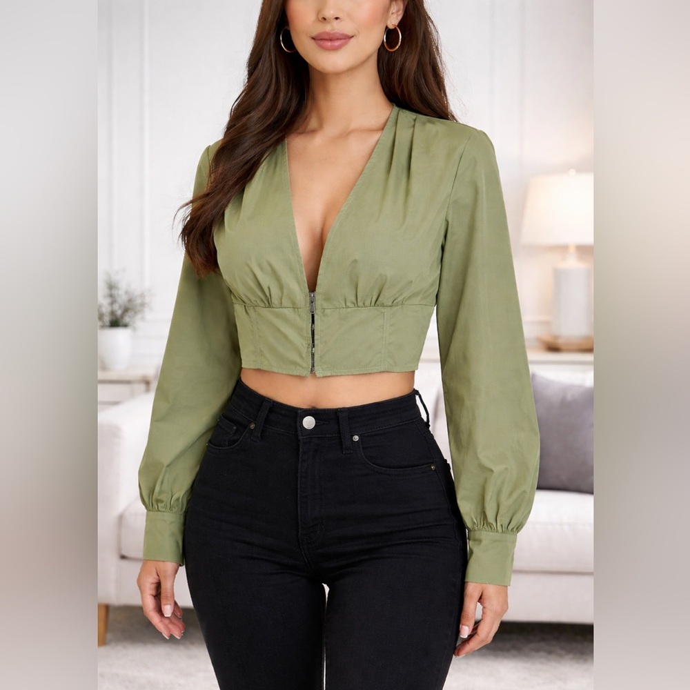 SHEIN SXY Women’s Olive Green Cropped Top V Neck Long Sleeve Fitted Blouse Large